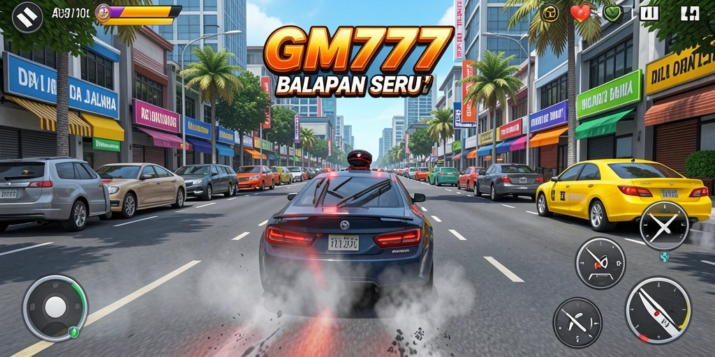 Screenshot gameplay GM777 menampilkan aksi balap yang mendebarkan.