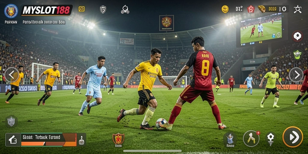 Tampilan gameplay menakjubkan di MYSLOT188 dengan aksi sepak bola penuh semangat.
